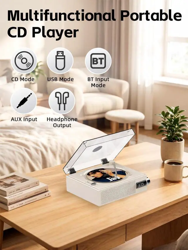 Alt view image 2 of 6 - Portable Bluetooth CD Player with Speakers for Home, Kids, Ederly and Car | 2000mAh Rechargeable Small Retro Desktop Music Player with Remote Control Support CD/AUX/USB/Bluetooth Playback