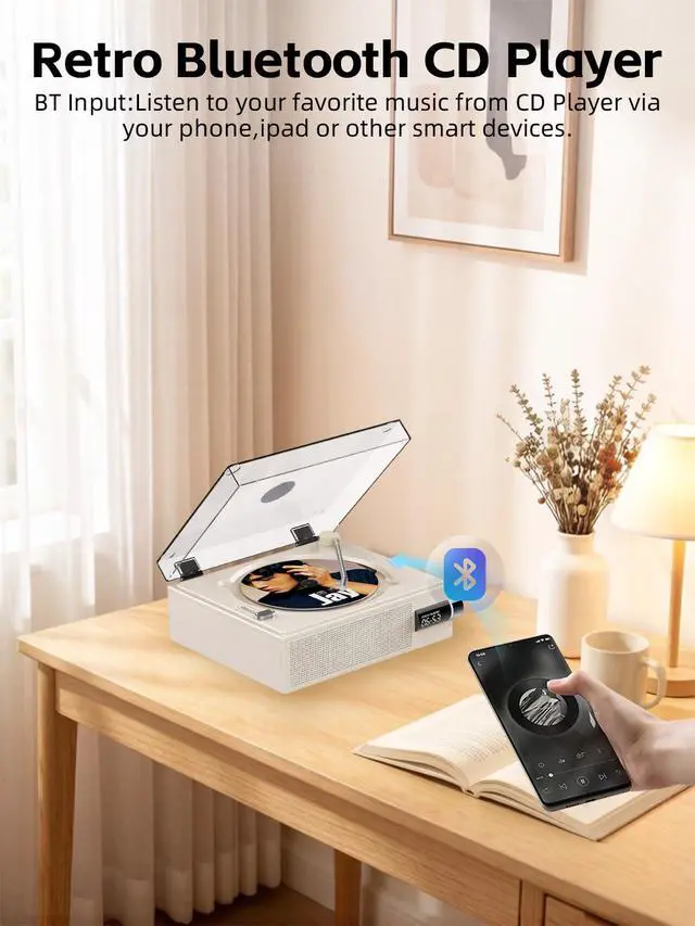 Alt view image 3 of 6 - Portable Bluetooth CD Player with Speakers for Home, Kids, Ederly and Car | 2000mAh Rechargeable Small Retro Desktop Music Player with Remote Control Support CD/AUX/USB/Bluetooth Playback