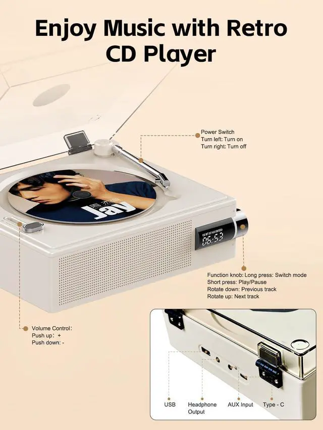 Alt view image 4 of 6 - Portable Bluetooth CD Player with Speakers for Home, Kids, Ederly and Car | 2000mAh Rechargeable Small Retro Desktop Music Player with Remote Control Support CD/AUX/USB/Bluetooth Playback