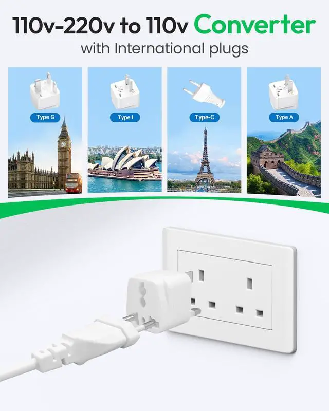 Alt view image 2 of 6 - 220V to 110V Travel Converter, Voltage Converter US to Europe, Power Converter with 3 AC Sockets and 4 USB-A Ports, Universal Plug Adapter for EU Italy Spain Germany UK France Australia Japan