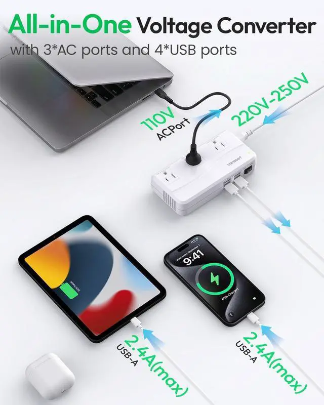 Alt view image 5 of 6 - 220V to 110V Travel Converter, Voltage Converter US to Europe, Power Converter with 3 AC Sockets and 4 USB-A Ports, Universal Plug Adapter for EU Italy Spain Germany UK France Australia Japan