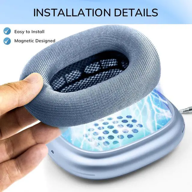 Alt view image 3 of 6 - Ear Cushions for AirPods Max Headphone - Upgraded Mesh Earpads Replacement Compatible for Apple AirPods Max with Silicone Layer, Magnet, Memory Foam and Noise Isolation (Sky Blue)
