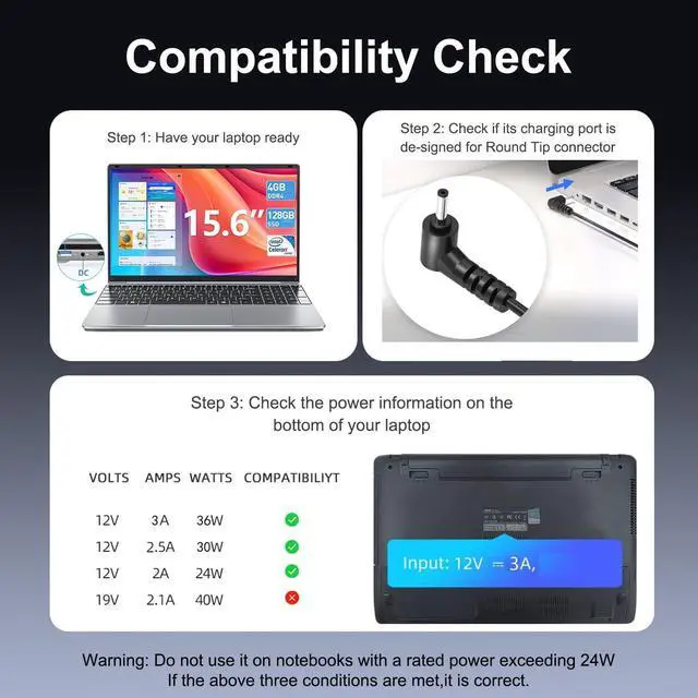 Alt view image 4 of 6 - UL Listed 12V AC Charger for Naclud X15 FUNYET Duetbook 14 NY-01 ApoloSign NJP1561P NJP1561P-02 N5095 CPU 12V 3A 2.5A 2A Power Supply Cord Cable Wall Plug