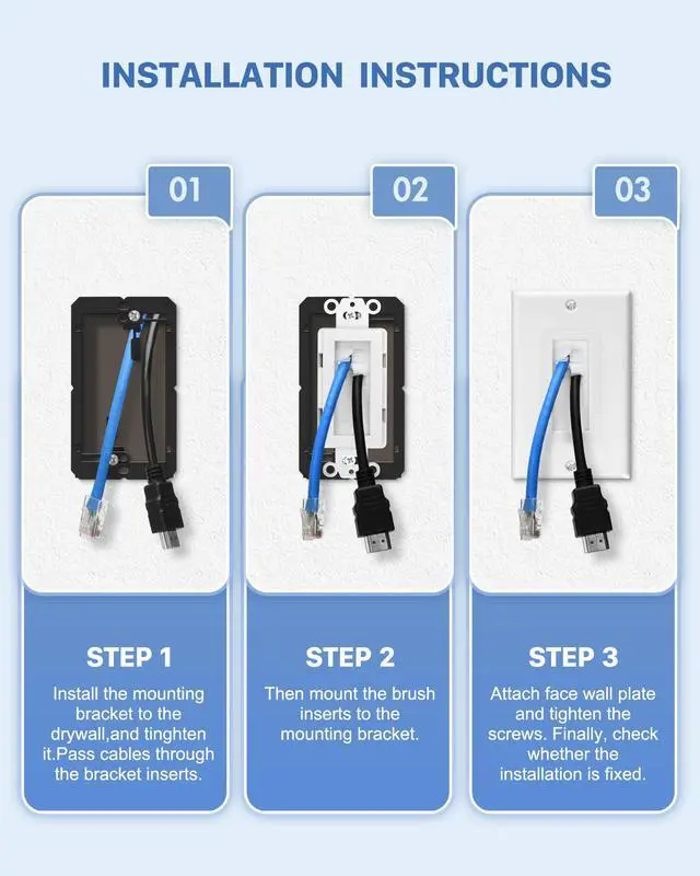 Alt view image 3 of 6 - 10 Pack 1-Gang White Brush Wall Plate with Low Voltage Mounting Bracket | In-Wall Management Cable Pass Through Wire Hider for HDMI, Ethernet,Speaker, Home Theater, Versatile Use, Easy Installation