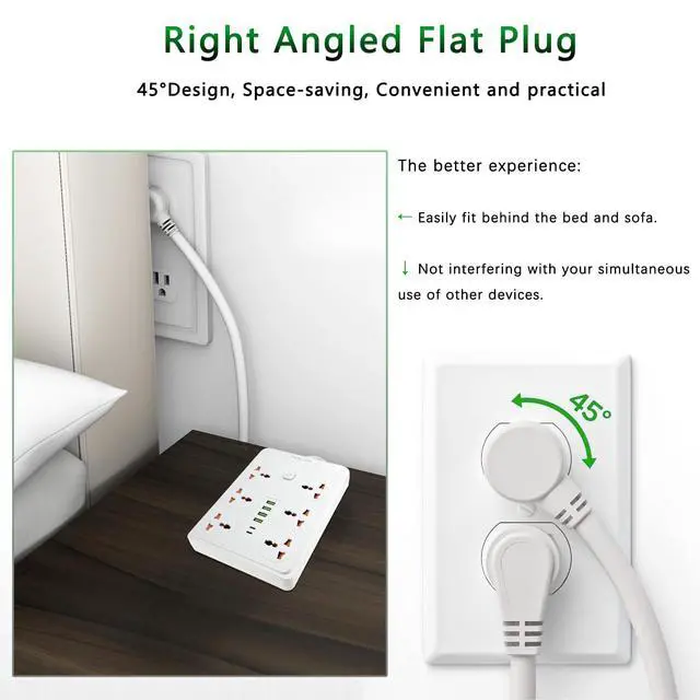 Alt view image 2 of 6 - Power Strip with 45 Degree Plug, 10ft Long Cord,6 Universal Socket | White, 2 USB C and 4 USB A, 6 Widely Spaced Outlets, 13A 3000W, for Home Office Dorm Kitchen, for Desk Nightstand