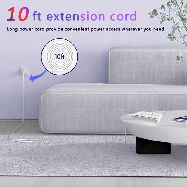 Alt view image 3 of 6 - Power Strip with 45 Degree Plug, 10ft Long Cord,6 Universal Socket | White, 2 USB C and 4 USB A, 6 Widely Spaced Outlets, 13A 3000W, for Home Office Dorm Kitchen, for Desk Nightstand