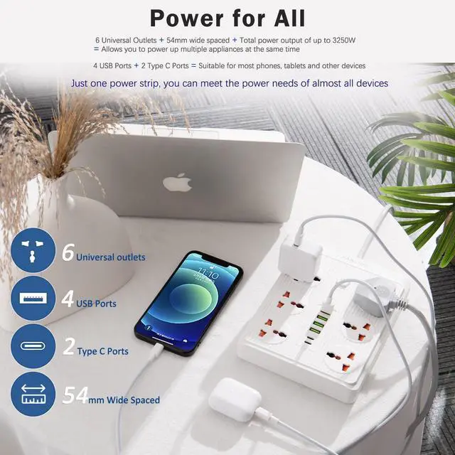 Alt view image 4 of 6 - Power Strip with 45 Degree Plug, 10ft Long Cord,6 Universal Socket | White, 2 USB C and 4 USB A, 6 Widely Spaced Outlets, 13A 3000W, for Home Office Dorm Kitchen, for Desk Nightstand