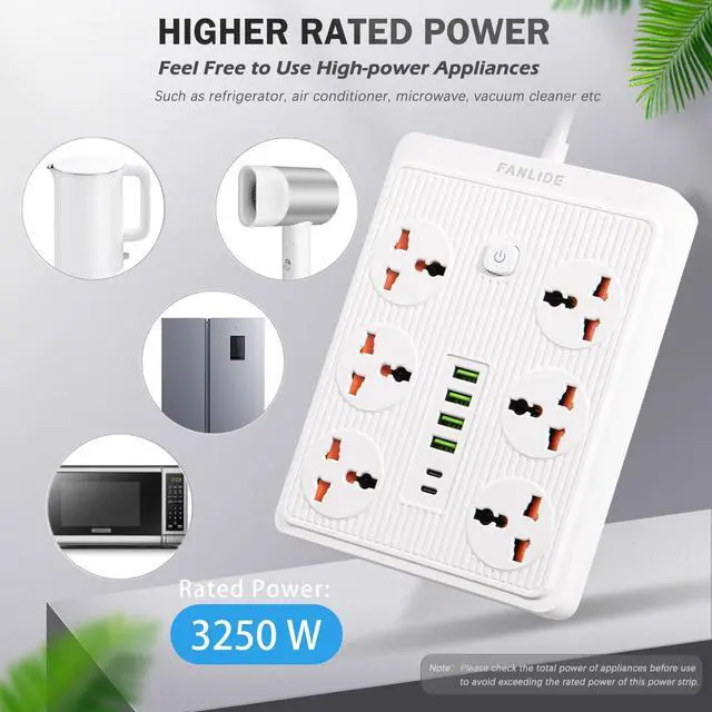 Alt view image 5 of 6 - Power Strip with 45 Degree Plug, 10ft Long Cord,6 Universal Socket | White, 2 USB C and 4 USB A, 6 Widely Spaced Outlets, 13A 3000W, for Home Office Dorm Kitchen, for Desk Nightstand