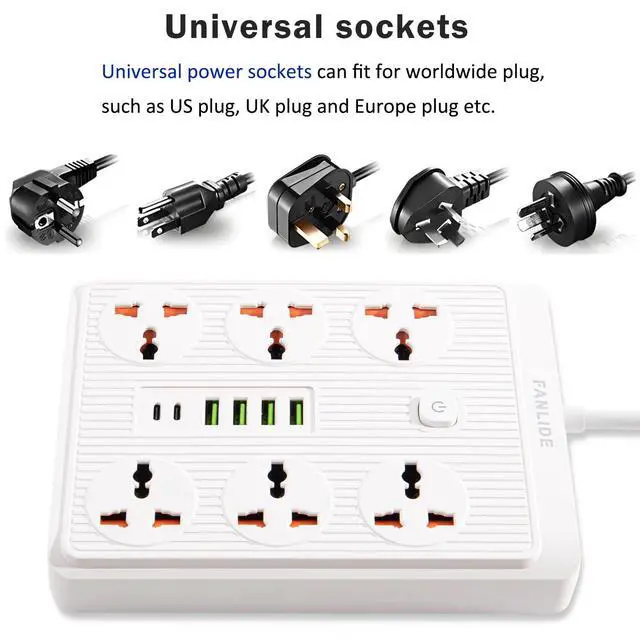 Alt view image 6 of 6 - Power Strip with 45 Degree Plug, 10ft Long Cord,6 Universal Socket | White, 2 USB C and 4 USB A, 6 Widely Spaced Outlets, 13A 3000W, for Home Office Dorm Kitchen, for Desk Nightstand