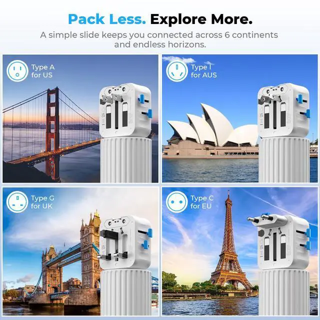 Alt view image 4 of 6 - Aura Mini Global Plug 2 Pack, Pocket-Sized International Universal Power Adapter Type G/C/I/A for USA Europe UK Australia Asia, Travel Essentials Must Haves for Worldwide Trips (Arctic White)
