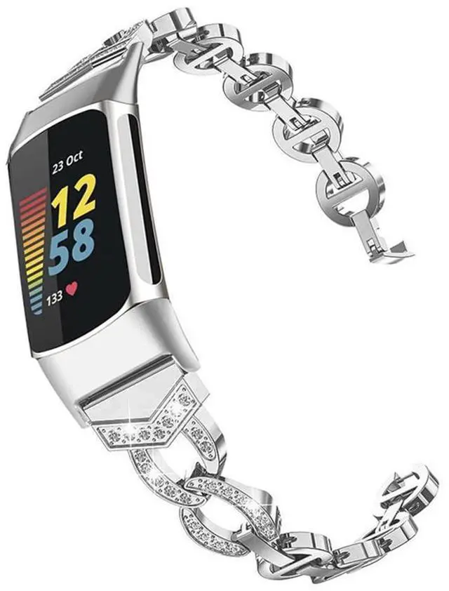 Main image of Compatible with Fitbit Charge 6/Charge 5 Band for Women, Slim Crystal Bling Glitter Diamond Rhinestones Jewelry Metal Sport Wristband Bracelet Replacement Band for Fitbit Charge 6/Charge 5