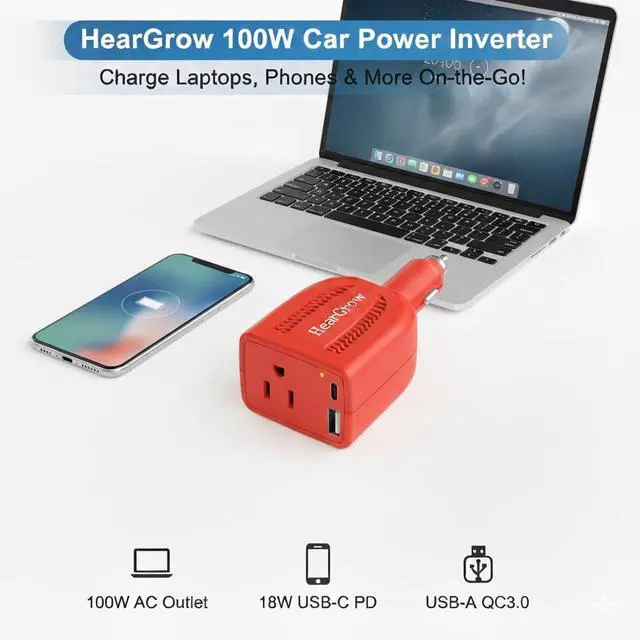 Alt view image 3 of 6 - HearGrow 100W Power Inverter for Vehicle: Fanless Direct Cigarette Lighter Car Charger Adapter - Orange Ultra Compact Silent Plug-in Outlet for Laptop CPAP Camping Road Trip & Emergency