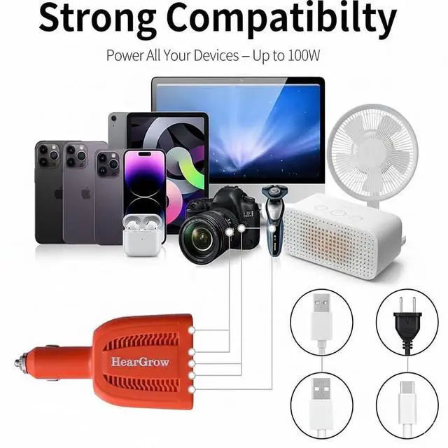 Alt view image 4 of 6 - HearGrow 100W Power Inverter for Vehicle: Fanless Direct Cigarette Lighter Car Charger Adapter - Orange Ultra Compact Silent Plug-in Outlet for Laptop CPAP Camping Road Trip & Emergency