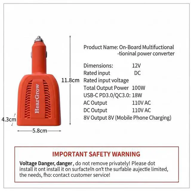 Alt view image 5 of 6 - HearGrow 100W Power Inverter for Vehicle: Fanless Direct Cigarette Lighter Car Charger Adapter - Orange Ultra Compact Silent Plug-in Outlet for Laptop CPAP Camping Road Trip & Emergency