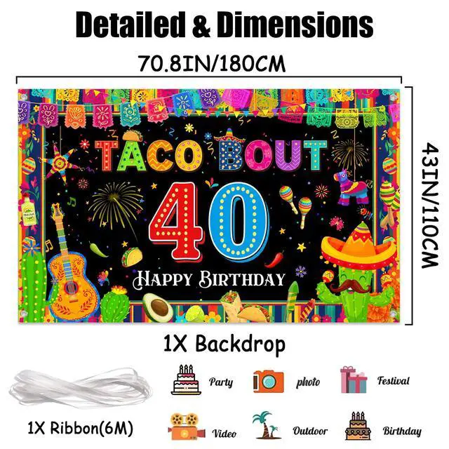 Alt view image 2 of 6 - Mexican Fiesta 40th Birthday Backdrop - Taco Party Decorations Mexican Banners Photography Background Polyester, Happy 40th Birthday Banner for Men Women Forty Birthday Photo Booth Props