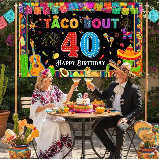 Alt view image 5 of 6 - Mexican Fiesta 40th Birthday Backdrop - Taco Party Decorations Mexican Banners Photography Background Polyester, Happy 40th Birthday Banner for Men Women Forty Birthday Photo Booth Props