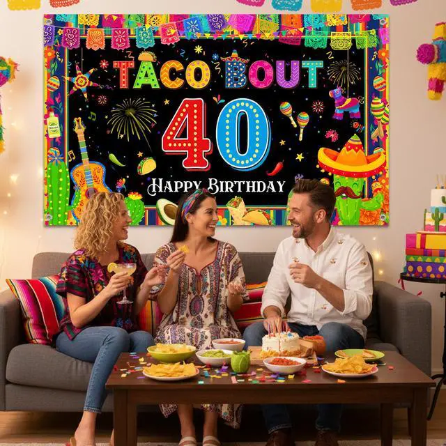 Alt view image 6 of 6 - Mexican Fiesta 40th Birthday Backdrop - Taco Party Decorations Mexican Banners Photography Background Polyester, Happy 40th Birthday Banner for Men Women Forty Birthday Photo Booth Props