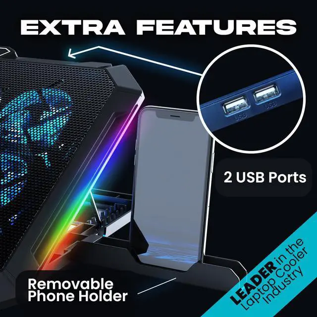 Alt view image 6 of 6 - V8 Gaming Laptop Cooling Pad with 8 Fans + New Version + Gaming Laptop Cooler + Stable RGB Laptop Stand with Fan + Compatible up to 17" + 2 USB Ports + Phone Holder + 5 Year Assurance | Adjustable til