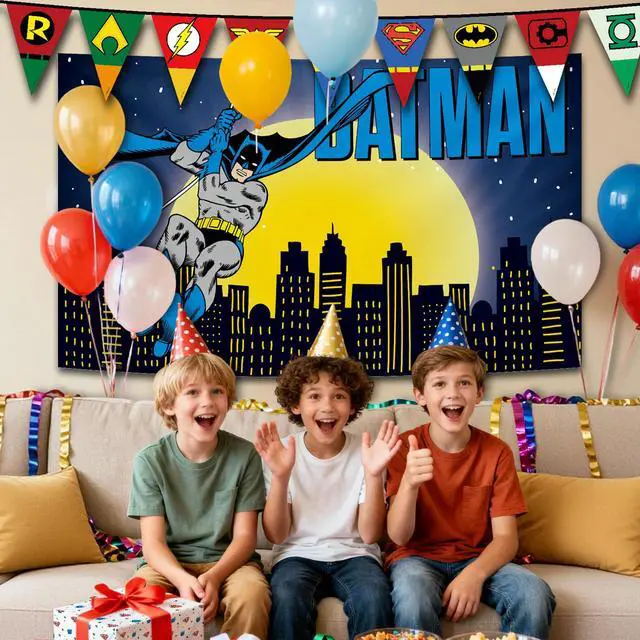 Alt view image 2 of 6 - Batman Backdrop Party Decoration - 5x3FT Superhero Banner | Hero Banner for Birthday Party Cake Table, Photo Booth Supplies, Camping Picnic Decorations, Indoor Outdoor Wall Decor