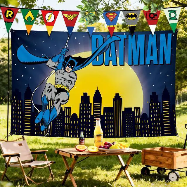 Alt view image 3 of 6 - Batman Backdrop Party Decoration - 5x3FT Superhero Banner | Hero Banner for Birthday Party Cake Table, Photo Booth Supplies, Camping Picnic Decorations, Indoor Outdoor Wall Decor