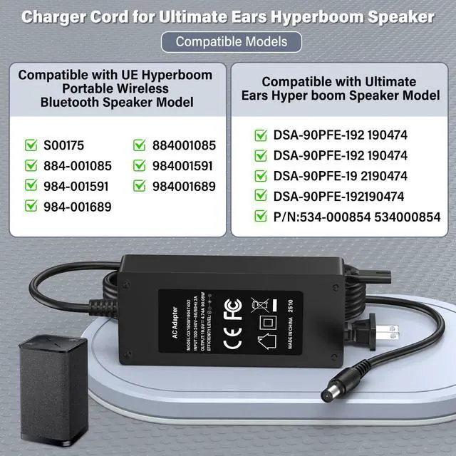 Alt view image 3 of 6 - 19V Speaker Charger Fit for Ultimate Ears Hyperboom Speaker S00175 190474 | Power AC Adapter for Ultimate Ears UE Hyper Boom Portable Wireless Party Bluetooth Speaker 884-001085 984-001591 DSA-90PFE-1