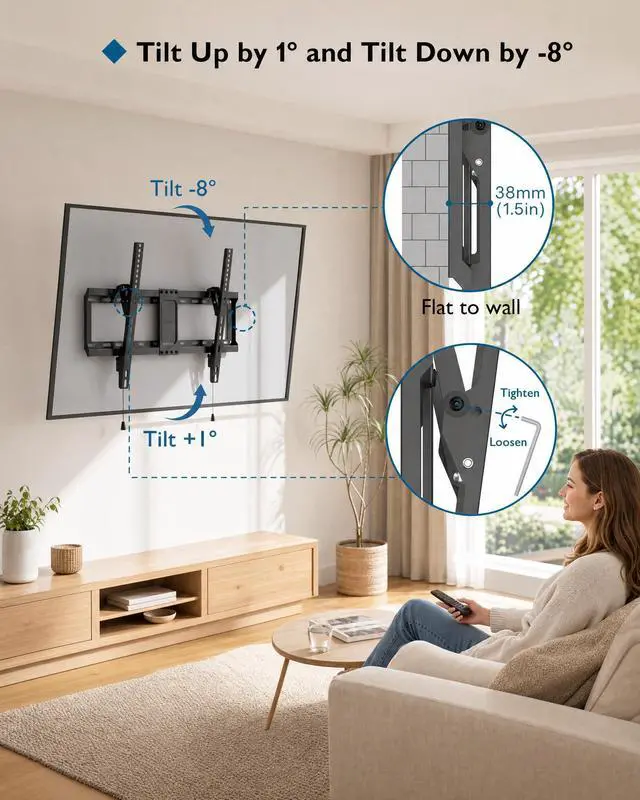 Alt view image 2 of 6 - TV Wall Mount, 37-85 Inch, Supports up to 132lbs, Max VESA 600x400mm | Tilting TV Mount Bracket for LED LCD OLED Flat Curved Screens, Low Profile 1.5in Design, Fits 55 65 75 85 Inch