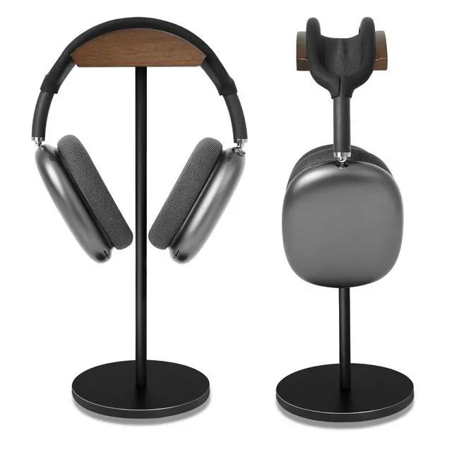 Alt view image 2 of 6 - Headphone Stand for Desk - Headset Holder with Aluminum Alloy Support Rod | Headset Stand with Wooden Support Plate for Gaming Room Decoration