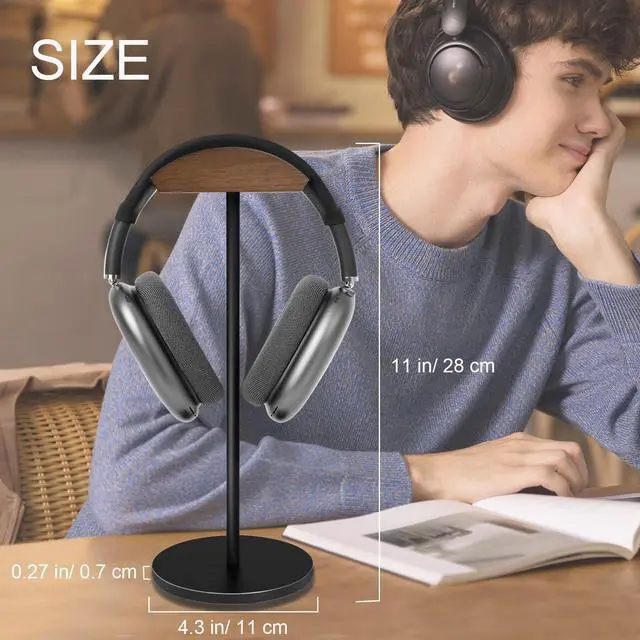 Alt view image 6 of 6 - Headphone Stand for Desk - Headset Holder with Aluminum Alloy Support Rod | Headset Stand with Wooden Support Plate for Gaming Room Decoration