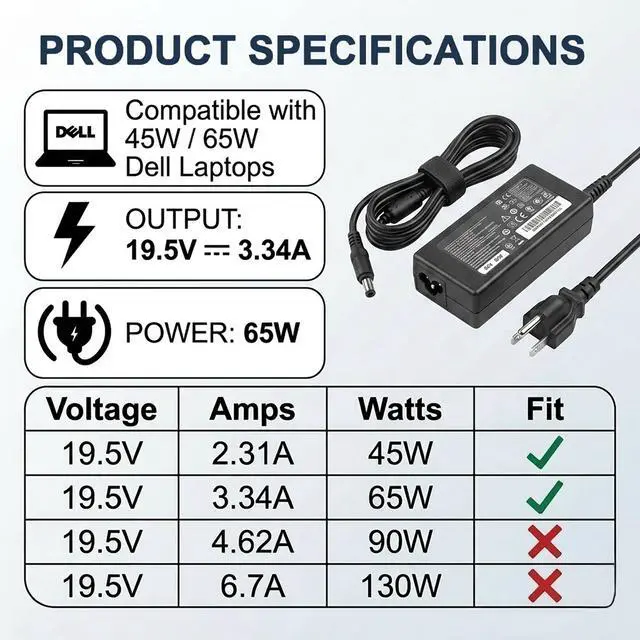 Alt view image 4 of 6 - 65W AC Adapter for Dell 14 15 16 Laptop DC15250 DC15255 DC16255 Charger | Replacement for DC15250 DC15255 DC14250 DC16250 DC16251 DC1625, 4.5mm AC Adapter