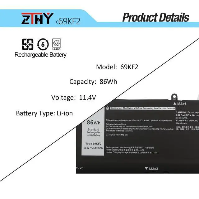 Alt view image 3 of 6 - 69KF2 Laptop Battery Replacement for Dell Precision 5550 5560 5570 G15 5530 | G16 7620 7630 XPS 15 9500 9510 9520 Vostro 7510 Alienware M15 R3 R4 R5 R6 R7 M16 R1 M17 R3 R4 Series 11.4V 86Wh 6Cell