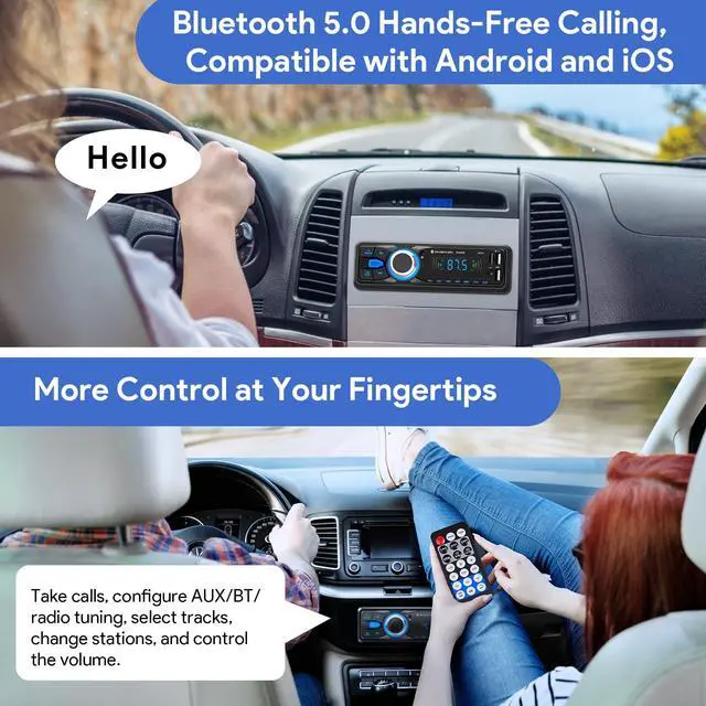 Alt view image 2 of 6 - Car Radio with Bluetooth 5.0, Single DIN Car Stereo Bluetooth | with FM and Hands-Free Calling, 1 DIN Radio with 2.1A Charging Port, 2 USB/AUX/TF Card/MP3/WMA/WAV Player, No CD/DVD Player