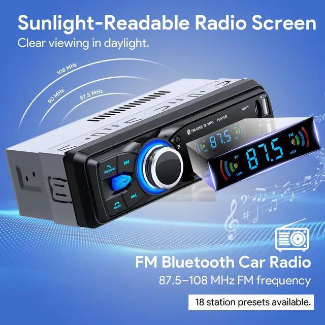 Alt view image 3 of 6 - Car Radio with Bluetooth 5.0, Single DIN Car Stereo Bluetooth | with FM and Hands-Free Calling, 1 DIN Radio with 2.1A Charging Port, 2 USB/AUX/TF Card/MP3/WMA/WAV Player, No CD/DVD Player