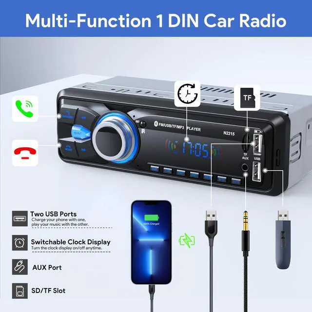 Alt view image 4 of 6 - Car Radio with Bluetooth 5.0, Single DIN Car Stereo Bluetooth | with FM and Hands-Free Calling, 1 DIN Radio with 2.1A Charging Port, 2 USB/AUX/TF Card/MP3/WMA/WAV Player, No CD/DVD Player