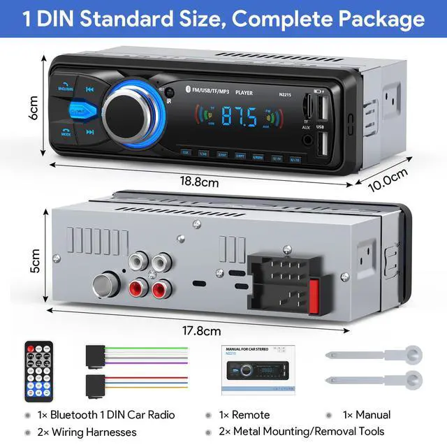 Alt view image 6 of 6 - Car Radio with Bluetooth 5.0, Single DIN Car Stereo Bluetooth | with FM and Hands-Free Calling, 1 DIN Radio with 2.1A Charging Port, 2 USB/AUX/TF Card/MP3/WMA/WAV Player, No CD/DVD Player