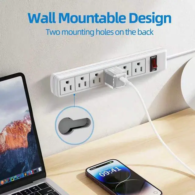 Alt view image 3 of 6 - 6 Outlet Power Strip Surge Protector, 5 Feet Extension Cord, 600 Joules Surge Protection, ETL Listed