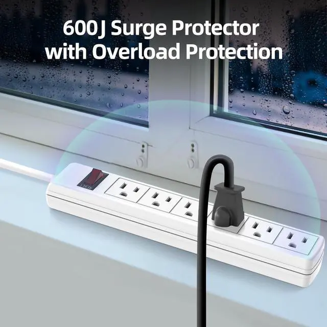 Alt view image 5 of 6 - 6 Outlet Power Strip Surge Protector, 5 Feet Extension Cord, 600 Joules Surge Protection, ETL Listed
