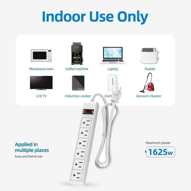 Alt view image 6 of 6 - 6 Outlet Power Strip Surge Protector, 5 Feet Extension Cord, 600 Joules Surge Protection, ETL Listed