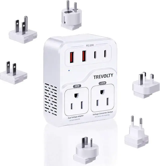 Main image of 2000W Voltage Converter US to Europe for Hair Dryers, 220V to 110V Converter for European Travel with 3 AC/2 USBA/2 USBC Ports (PD20W), 7-in-1 European Travel Adapter
