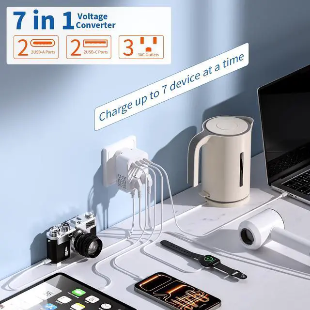 Alt view image 2 of 6 - 2000W Voltage Converter US to Europe for Hair Dryers, 220V to 110V Converter for European Travel with 3 AC/2 USBA/2 USBC Ports (PD20W), 7-in-1 European Travel Adapter