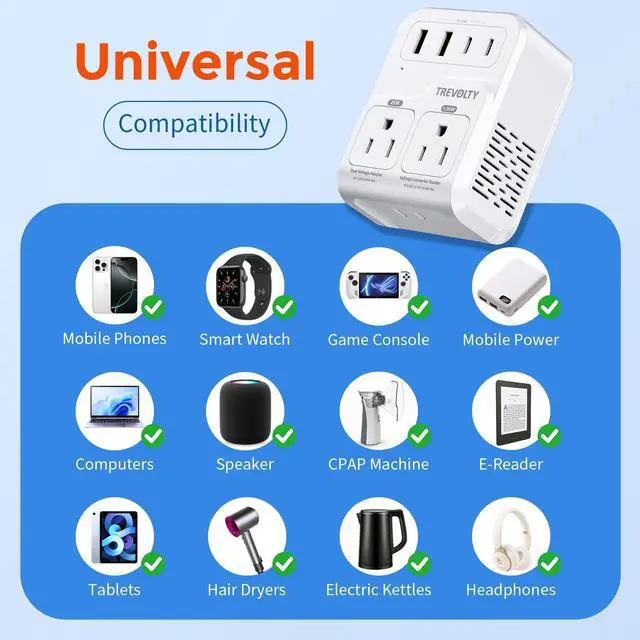 Alt view image 4 of 6 - 2000W Voltage Converter US to Europe for Hair Dryers, 220V to 110V Converter for European Travel with 3 AC/2 USBA/2 USBC Ports (PD20W), 7-in-1 European Travel Adapter