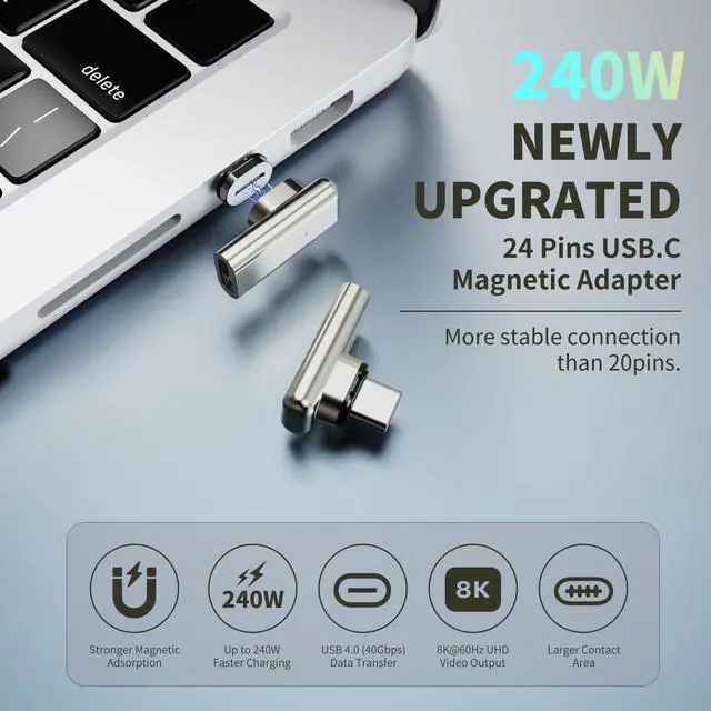 Alt view image 2 of 6 - 240W 90° Magnetic USB-C Adapter 2-Pack, 24Pin, Detachable | 40Gbps data, 8K 60Hz video, Thunderbolt 3/4, compatible with MacBook Pro/Air, PS5, PSVR2, and Type-C devices