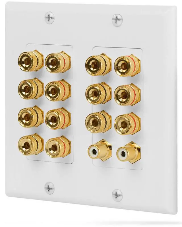 Main image of 2-Gang 7.1 Surround Distribution Home Theater Wall Plate, White | Gold Plated Seven Pair Copper Binding Posts Coupler Outlet Faceplate for 7 Speakers and Two RCA Subwoofer Jacks Wire