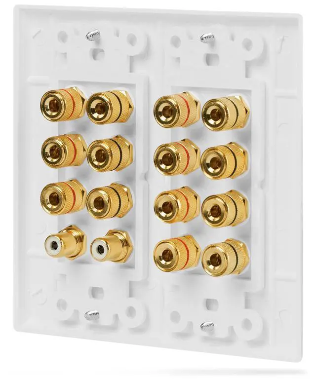 Alt view image 3 of 6 - 2-Gang 7.1 Surround Distribution Home Theater Wall Plate, White | Gold Plated Seven Pair Copper Binding Posts Coupler Outlet Faceplate for 7 Speakers and Two RCA Subwoofer Jacks Wire