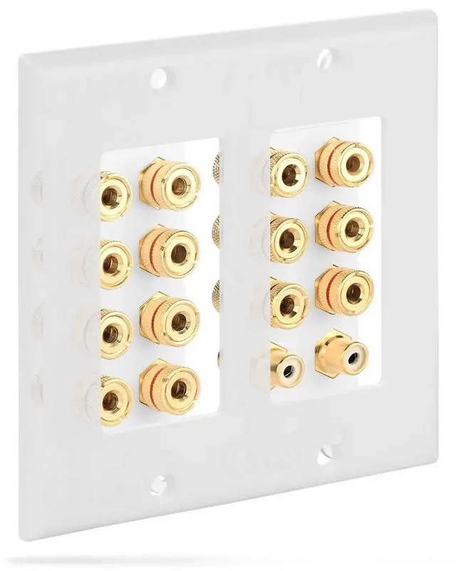 Alt view image 4 of 6 - 2-Gang 7.1 Surround Distribution Home Theater Wall Plate, White | Gold Plated Seven Pair Copper Binding Posts Coupler Outlet Faceplate for 7 Speakers and Two RCA Subwoofer Jacks Wire