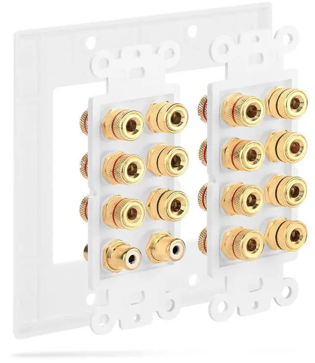 Alt view image 5 of 6 - 2-Gang 7.1 Surround Distribution Home Theater Wall Plate, White | Gold Plated Seven Pair Copper Binding Posts Coupler Outlet Faceplate for 7 Speakers and Two RCA Subwoofer Jacks Wire