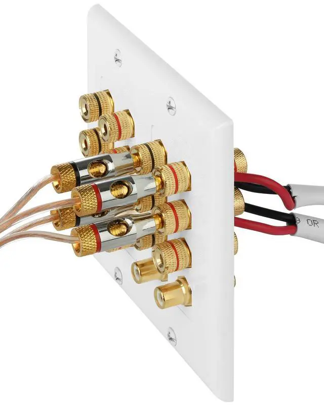 Alt view image 6 of 6 - 2-Gang 7.1 Surround Distribution Home Theater Wall Plate, White | Gold Plated Seven Pair Copper Binding Posts Coupler Outlet Faceplate for 7 Speakers and Two RCA Subwoofer Jacks Wire