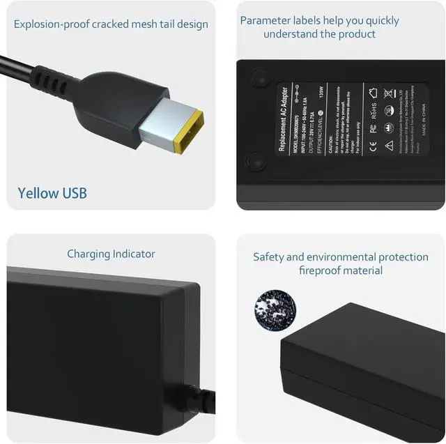 Alt view image 5 of 6 - 135W Power Cord for Lenovo ThinkPad Docking Station Yellow Tip | Stop dock blackouts! 135W pure power drives dual screens flawlessly. NOT a USB-C plug. Exact Yellow Square Tip ONLY