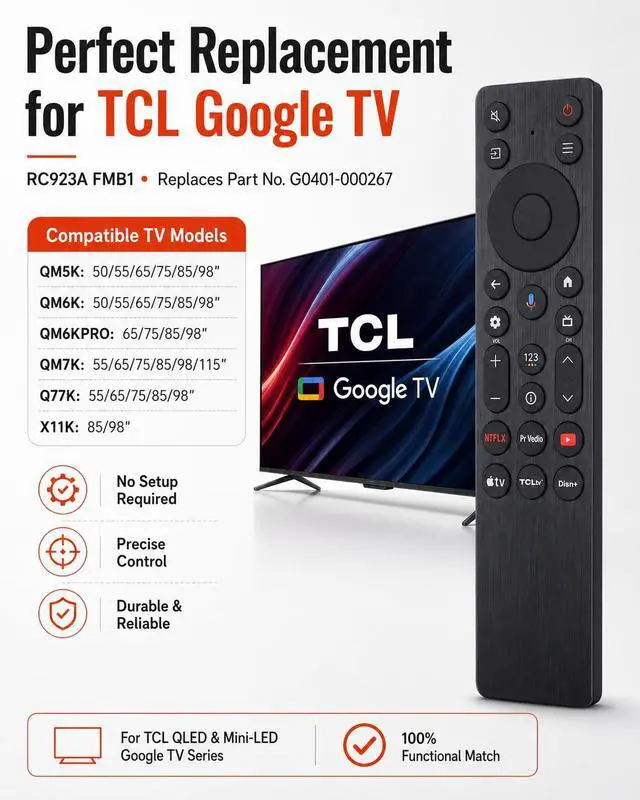 Alt view image 2 of 6 - Voice Remote for TCL Google TVs QM5K/QM6K/QM7K/Q77K | For G0401-000267 and RC923A FMB1; Fits 50-115 in QLED/Mini-LED Models with 6 App Keys