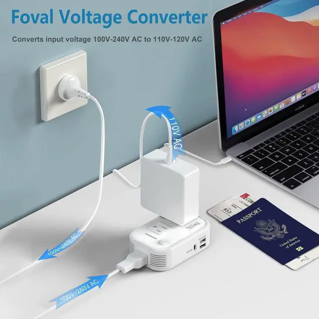 Alt view image 2 of 6 - 220V to 110V Converter Travel Adapter, International Step Down Power Converter for Hair Straightener/Curler with 18W USB-C Port Voltage Converter US to Europe Italy UK AU China Plug (White)