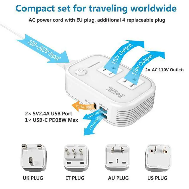 Alt view image 3 of 6 - 220V to 110V Converter Travel Adapter, International Step Down Power Converter for Hair Straightener/Curler with 18W USB-C Port Voltage Converter US to Europe Italy UK AU China Plug (White)